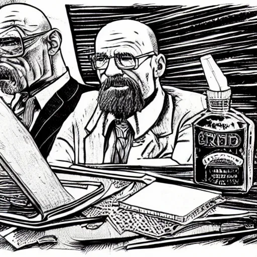 Image similar to The Artwork of R. Crumb and his Cheap Suit Breaking-Bad-Walter-White buying drugs, pencil and colored marker artwork, trailer-trash lifestyle