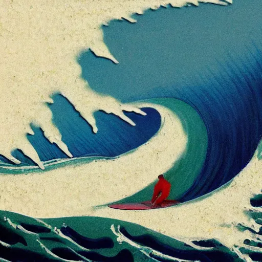 Prompt: surfers on big blue wave, style of da vinci