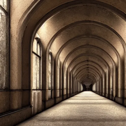 Prompt: a long retro asylum hallway, arched ceiling, one point perspective, vanishing point, symmetrical composition, rich colors, dramatic lighting, by lee madgwick, photorealistic, v - ray render 8 k uhd