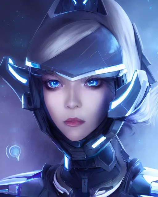 Image similar to perfect android girl on a mothership, warframe armor, beautiful face, scifi, futuristic, galaxy, nebula, raytracing, dreamy, long white hair, blue cyborg eyes, sharp focus, cinematic lighting, highly detailed, artstation, divine, by gauthier leblanc, kazuya takahashi, huifeng huang