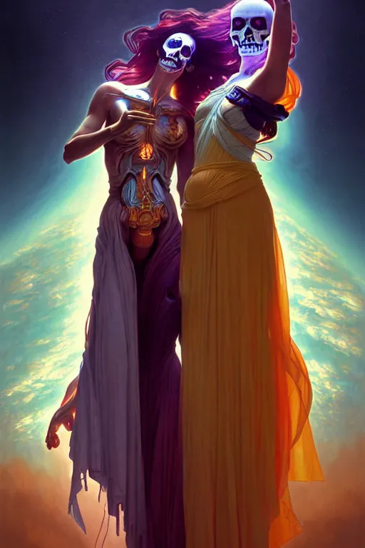 Image similar to the creation of adam, ultra detailed female android deity, scifi, octane render, ( dia de los muertos ), matte painting, asymmetrical, intricate concept art, triadic color scheme, art by artgerm and michelangelo and dzo and greg rutkowski and alphonse mucha and wlop