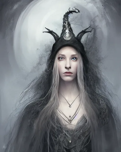 Image similar to portrait of a beautiful female witch with shimmering hair, symmetrical face and eyes, cgsociety, Elden Ring, Dark Souls, Bloodborne