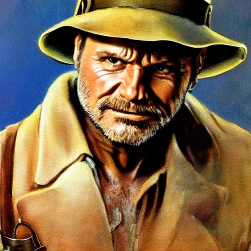 Image similar to bobcat goldthwait as indiana jones painting by frank frazetta, highly detailed, high quality, 8 k, realistic face, path traced