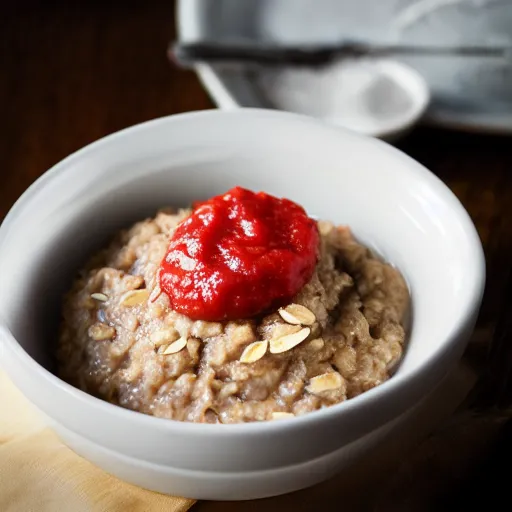 Prompt: oatmeal with ketchup on top, professional food photography,
