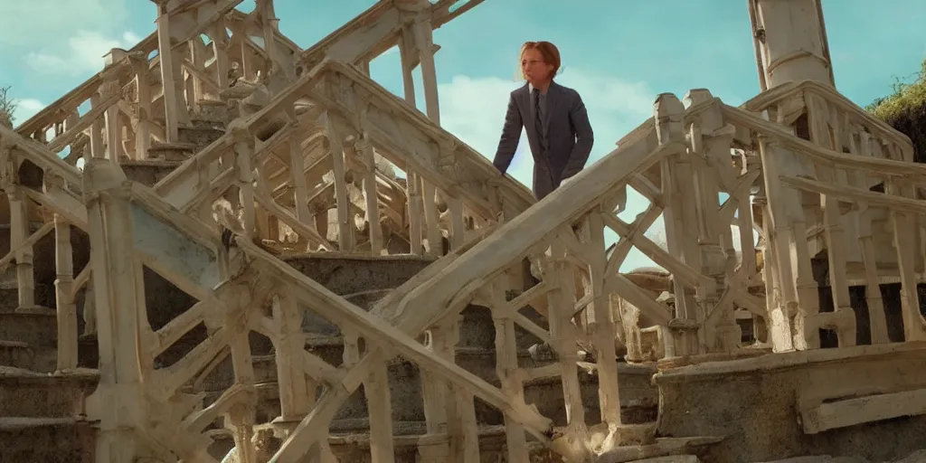 Image similar to a very high resolution image from a new movie, upside - down and criss - cross stairs, beautiful scenery, photorealistic, photography, directed by wes anderson