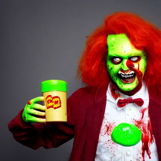 Image similar to color portrait photograph of a zombie Ronald McDonald holding a happy meal covered in slime