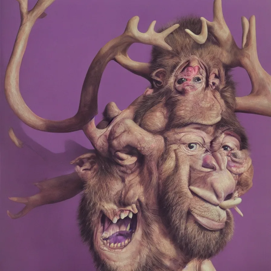 Prompt: hyper realistic portrait painting by chuck close, studio lighting, brightly lit purple room, an ape with antlers laughing, a giant rabbit clown crying