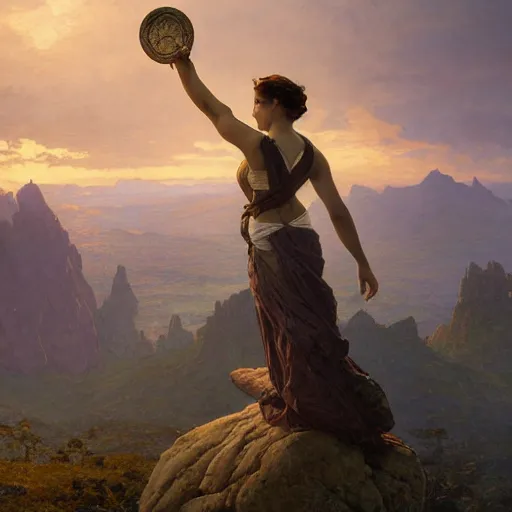 Image similar to an ultradetailed matte landscape painting of mountain sized sculpture of a beautiful and elegant woman, sunrise on the horizon in the background, stone hand raised up, 8 k, art by greg rutkowski and alphonse mucha and andreas rocha and albert bierstadt