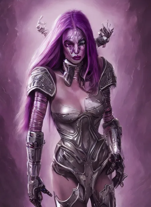 Image similar to a hyper detailed face portrait of a pale woman with purple hair in sci - fi cybernetic armor, sylvanas windrunner, sideshow figurines, by tom bagshaw, artgerm, dorian cleavenger, greg rutkowski, wlop, astri lohne, zdzisław beksinski trending on artstation