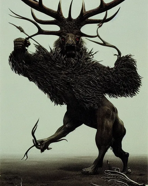 Image similar to a creature with the body and eyes of a man, with the beak of an eagle, the mane of a lion, and the antlers of a bull. drawn by moebius and zdzislaw beksinski