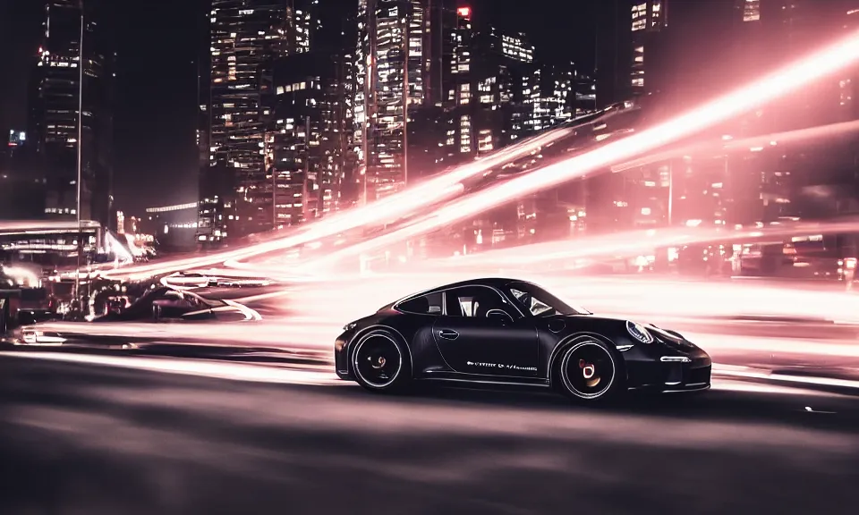 Prompt: photo of a porsche 911 at night drifting through a city, cinematic, 4k, long exposure photography, tokyo drift, fast and furious, film still, night photography, motion blur, lens flare, movie shot, light trail, distortion, wide angle, reflections
