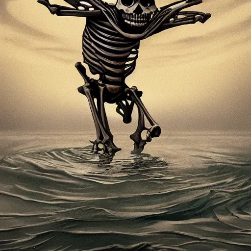 Prompt: a skeleton giant sinking into the water. by alex konstad