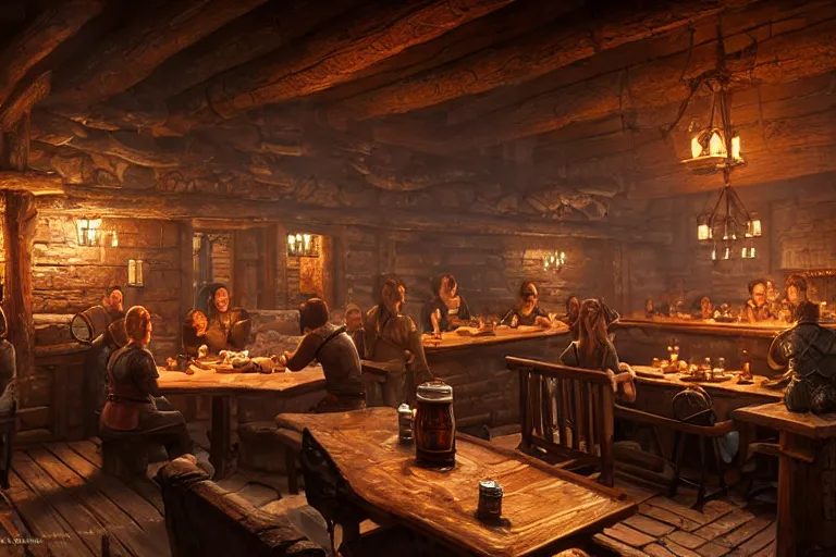 Prompt: interior of a cozy skyrim tavern. food and beers on the tables. a fireplace is present, hyper detailed, digital art, artstation, cinematic lighting, studio quality, smooth render, by caravaggio, artgerm, greg rutkowski, craig mullins