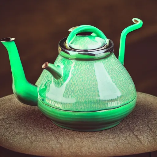 Prompt: still life photograph of an owl kettle with a pale green handle, glazed ceramic, tilt shift, very beautiful, global illumination, intricate linework, short spout