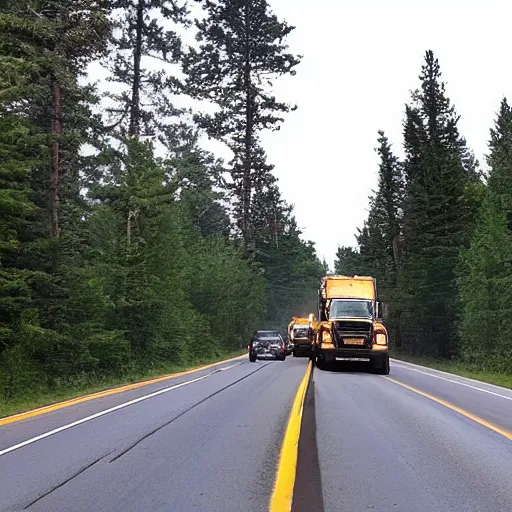 Prompt: Sasquatch tossing a big tree onto highway traffic