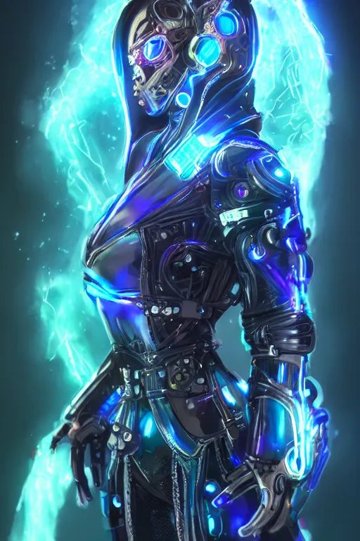 Prompt: beautiful cybernetic cyborg masked mage, lightning and holograms, fantasy, magic, digital art, trending on artstation, professional illustration, ultra detailed, celshaded, burst of power, boss fight