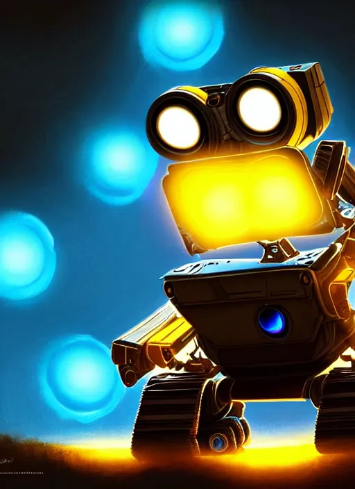 Prompt: wall - e, sci - fi, blue and yellow glowing lights, intricate, elegant, highly detailed, digital painting, artstation, concept art, smooth, sharp focus