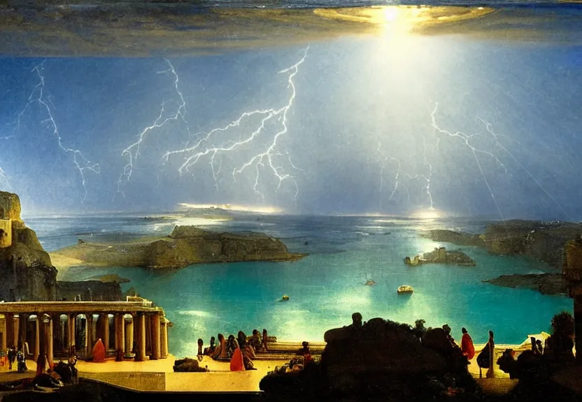 Prompt: The highest coliseum ever made, 1km tall, thunderstorm, greek pool, beach and palm trees on the background major arcana sky, by paul delaroche, hyperrealistic 4k uhd, award-winning very detailed