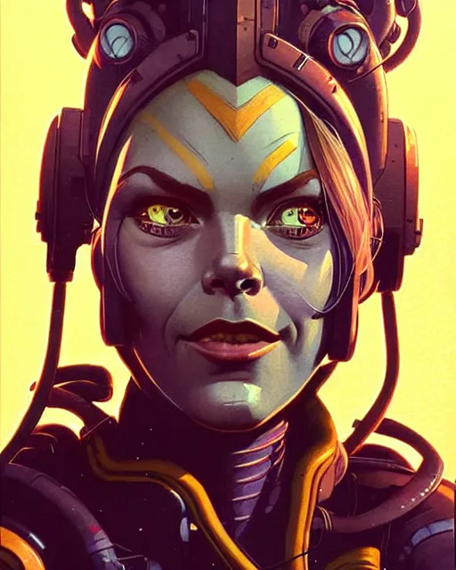 Image similar to brigitte from overwatch, character portrait, portrait, close up, concept art, intricate details, highly detailed, vintage sci - fi poster, retro future, in the style of chris foss, rodger dean, moebius, michael whelan, and gustave dore