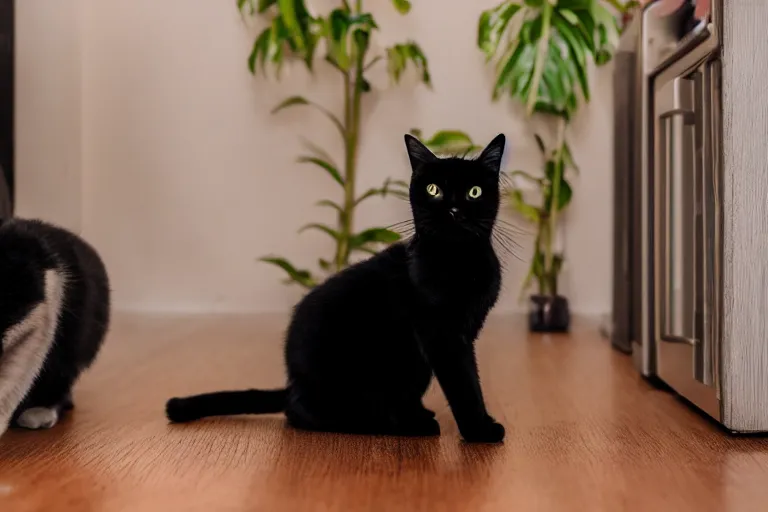 Prompt: a cute black cat meowing while standing on the shiny wooden house floor with some carpeting around it, photograph, 4 k