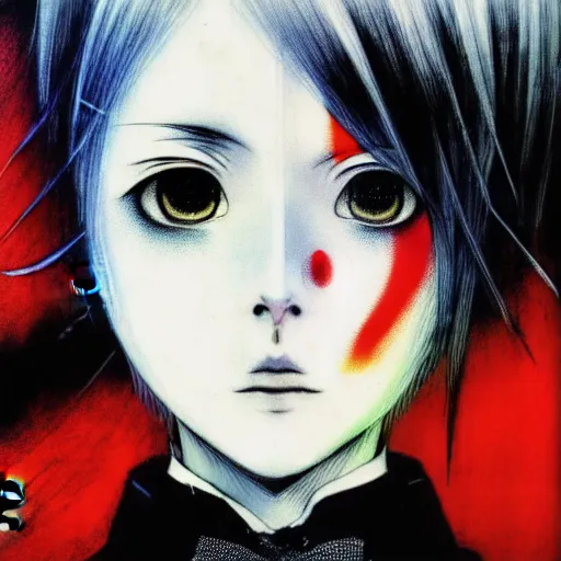 Image similar to Yoshitaka Amano realistic illustration of an anime girl with short white hair and black eyes wearing tuxedo, abstract black and white patterns on the background, noisy film grain effect, highly detailed, Renaissance oil painting