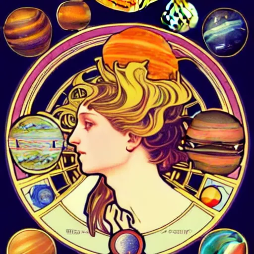 Prompt: beautiful solar system with nine planets and sun in the style of alphonse mucha, art nouveau, sharpen, hight detalied, 4 k, hd - s 1 5 0