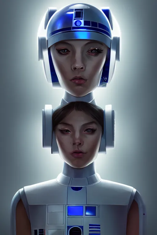 Image similar to a portrait of android girl as r 2 d 2 droid, humanization, humanized, grim - lighting, high - contrast, intricate, elegant, highly detailed, digital painting, artstation, concept art, smooth, sharp focus, illustration