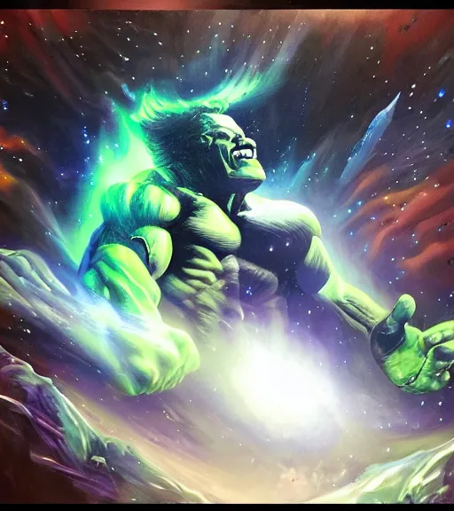 Image similar to cosmic hulk. realism art, high detailed, fine art, trending on artstation, smooth draw, perfect lightning, sharp focus.