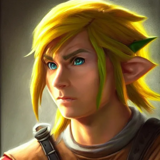 Image similar to An ultra-realistic portrait painting of Link from The Legend of Zelda in the style of Alex Ross. 4K. Ultra-realistic. Highly detailed. Epic lighting.