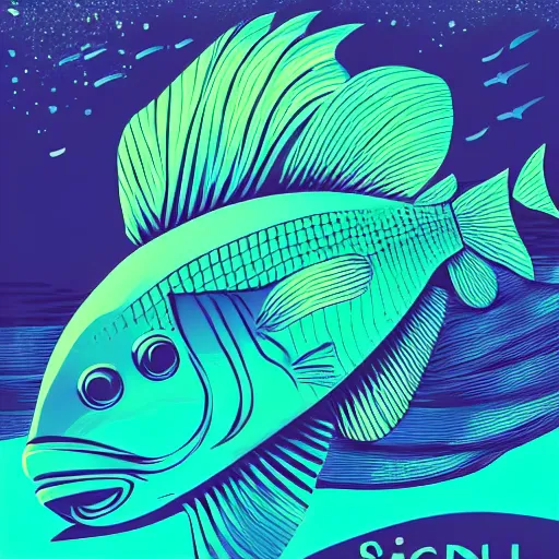 Image similar to a single highly stylized fish in the ocean, viewed in profile, closeup, seaweed, sparkles, artstation, intricate, highly detailed, digital painting, concept art, sharp focus, illustration by tom whalen and charles williams and kilian eng and james jean