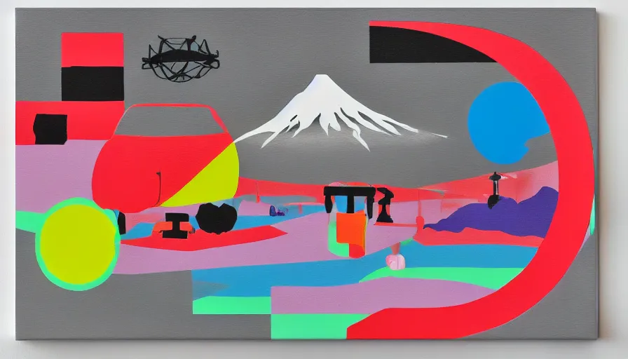 Image similar to Japan travel and adventure isolated on a minimalist negative space predominant white acrylic base coat, surreal minimalist perfect geometry coherent motif mixed media collage acrylic airbrush painting by Jules Julien, Leslie David and Lisa Frank, muted colors with minimalism, neon color mixed collage cutout details