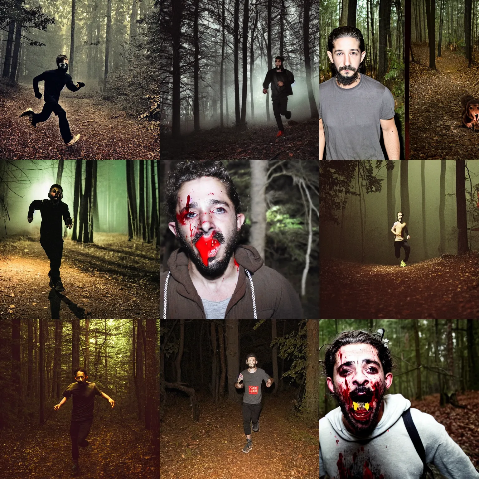 Prompt: Shia LaBoeuf in dark woods at night, running towards camera, blood dripping from mouth, close-up face flash photography phone
