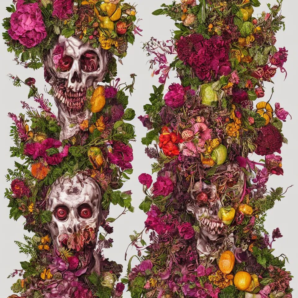 Image similar to hyper-detailed single portrait of a zombie straightedge punk made out of fruits, vegetables and large flowers in the Baroque style of Arcimboldo, crystalline skin, cinematic lighting, dull pink background