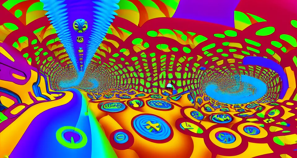 Image similar to interior tunnel swirling vortex of colourful psychedelic 3 d embossed mecha emoji shapes in a hal tenney 3 d fractal landscape, clockwork toys, seamless texture, toy mayan faces, landscape, maximalist, circuit vector shapes