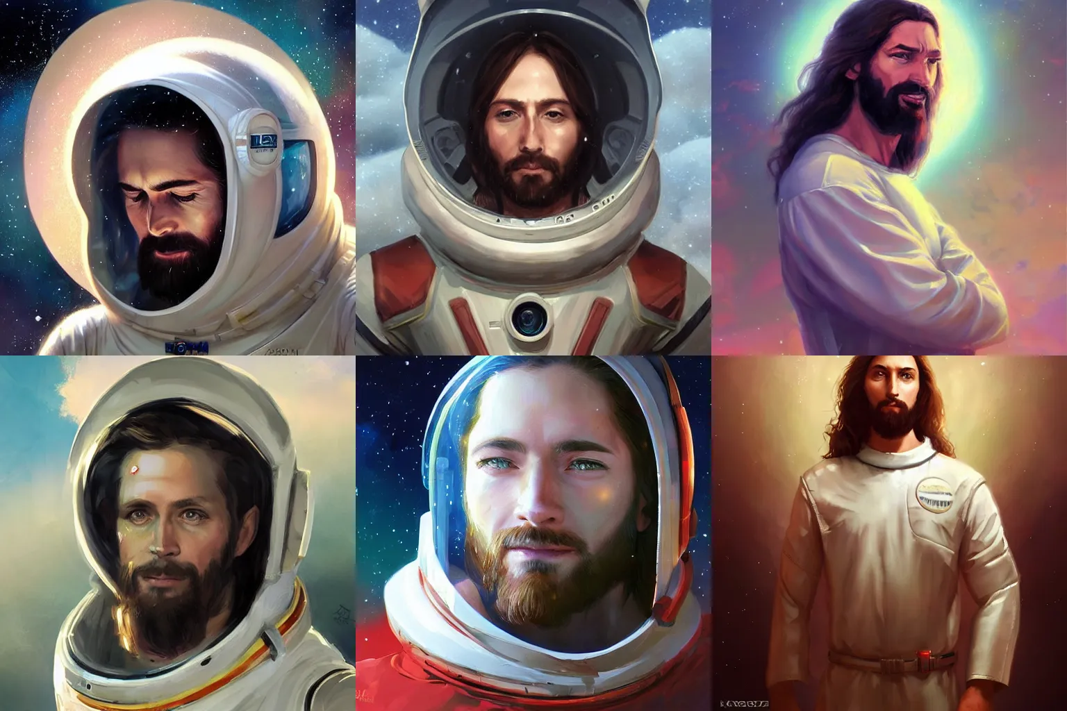 Prompt: head and shoulders masterpiece portrait of a jesus wearing a spacesuit, surreal background, digital art by Krenz Cushart, trending on artstation, cgsociety,
