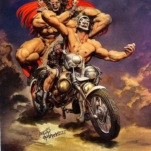 Image similar to muscular man riding motorcycle flying through the air from demons, into glory ride, artwork by Frank Frazetta