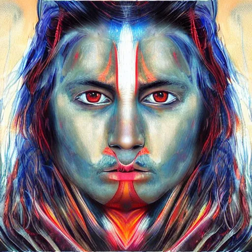 Image similar to “sango God of thunder plaited hair lightning facial details symmetrical digital art oil painting”