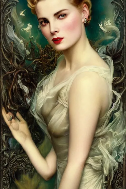 Prompt: a young and extremely beautiful grace kelly infected by night by tom bagshaw in the style of a modern gaston bussiere, art nouveau, art deco, surrealism. extremely lush detail. melancholic scene infected by night. perfect composition and lighting. sharp focus. profoundly surreal. high - contrast lush surrealistic photorealism. screaming, rage, madness.