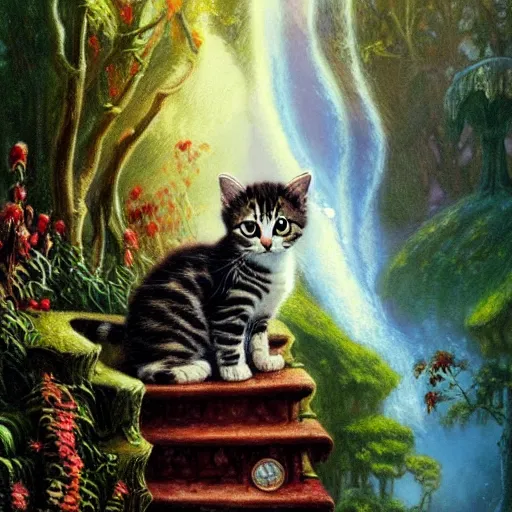 Image similar to painting of one kitten in the enchanted forest standing on the steps and watching the waterfall, fantasy, intricate, extremely detailed, face enhance, matte, featured in artstation, art by louis wain, greg rutkowski