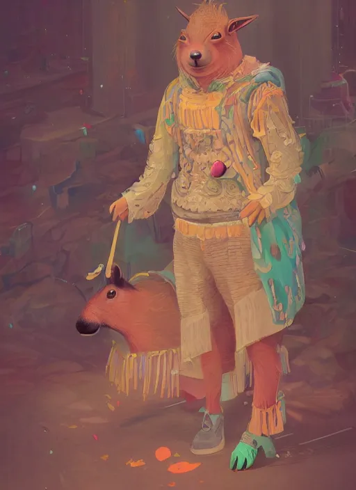 Prompt: detailed full body concept art illustration colorful pastel fantasy painting of a capybara merchant in full intricate clothing, ultra detailed, digital art, octane render, 4K, dystopian, micro details