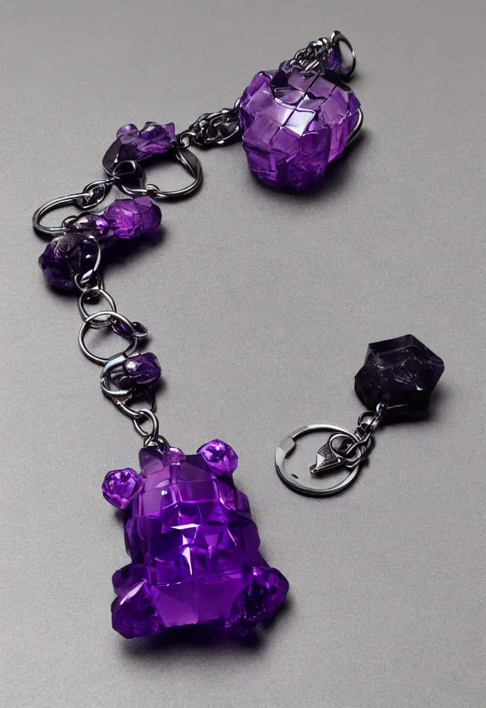 Image similar to a deep purple crystal bear keychain by greg rutkowski, sung choi, mitchell mohrhauser, maciej kuciara, johnson ting, maxim verehin, peter konig, 8 k photorealistic, cinematic lighting, hd, high details, dramatic, atmosphereric, trending on artstation