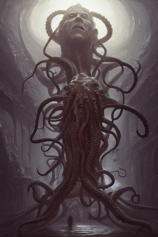 Image similar to a man losing his mind, tentacles, lovecraft, madness, lovecraftian, underworld, insanity, 8 k, digital art, magic the gathering, mtg, by greg rutkowski, trending on artstation