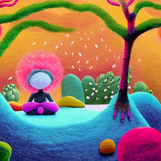 Image similar to a black girl with a colorful afro and big beautiful eyes meditating in an african zen garden with a waterfall!! and a baobab tree, bokeh!, bright colors, synthwave, watercolor, volumetric wool felting, felt, macro photography, children illustration, by goro fujita