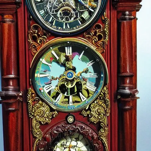 Prompt: a psychedelic grandfather clock, photo, highly detailed