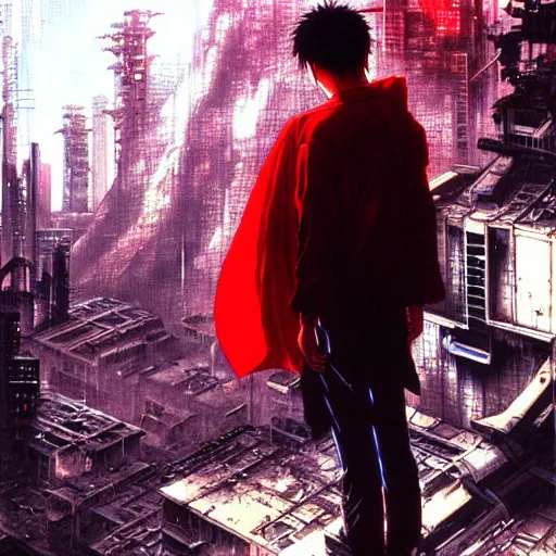 Image similar to tetsuo observing the ruins of neo - tokyo, red cape, akira | anime, matte painting, dystopian megacity neo - tokyo akira, shaded perfect, fine details. realistic shaded lighting anime manga artwork by katsuhiro otomo, akira, artgerm, jeremy lipkin and michael garmash and rob rey