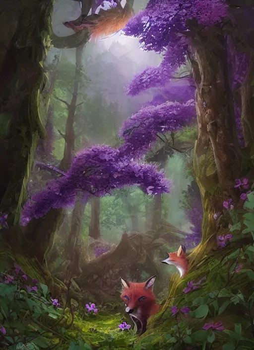 Image similar to Magical fox, sneaking in a forest, fantasy, painting, violet flowers, atmospheric, illustration, low angle, high quality, highly detailed, Marc Simonetti, Andreeva Katerina