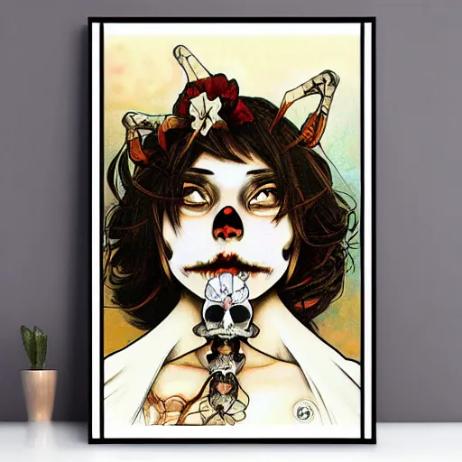 Image similar to manga skull portrait girl female skeleton Candy realism hyperrealistic art will cotton alphonse mucha pop art fairey