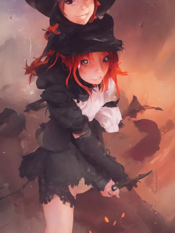 Image similar to Full shot of a cute mischievous young witch about to get up to some trouble. Black and Orange palette. By Ruan Jia and Artgerm and Range Murata and WLOP and CLAMP and Loish. Key Art. Fantasy Illustration. award winning, Artstation, intricate details, realistic, Hyperdetailed, 8k resolution.