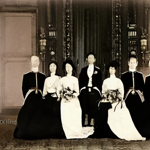 Image similar to A wide full shot, colored black and white Russian and Japanese mix historical fantasy a photograph portrait taken of the royal wedding two choirs, photographic portrait, warm lighting, 1907 photo from the official wedding photographer for the royal wedding.
