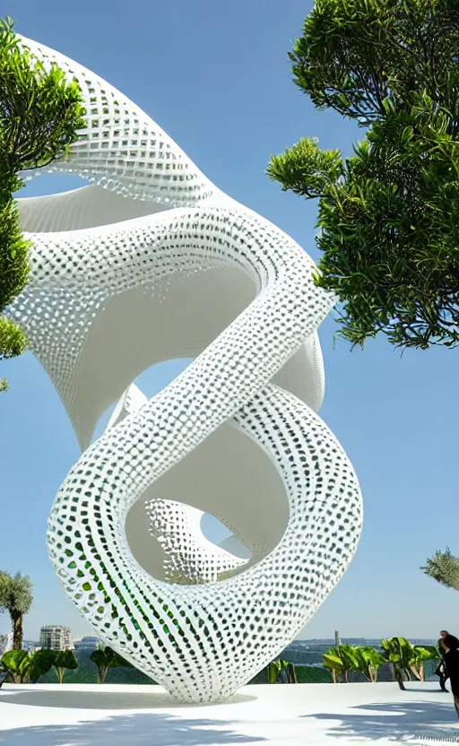 Prompt: elegant white art 3 d printed parametric installation with playful surreal tall lemon groves, beautiful sunny day, fluidity, vincent callebaut, mamou - mani, innovative voronoi pavilion with huge white magnolias above